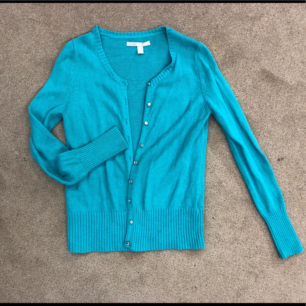 Aqua blue sweater with crystal buttons